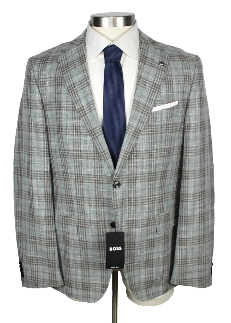 Boss Hutson Sport Coat 44 R Mens Slim Fit Grey Brown Plaid Wool Cotton Linen